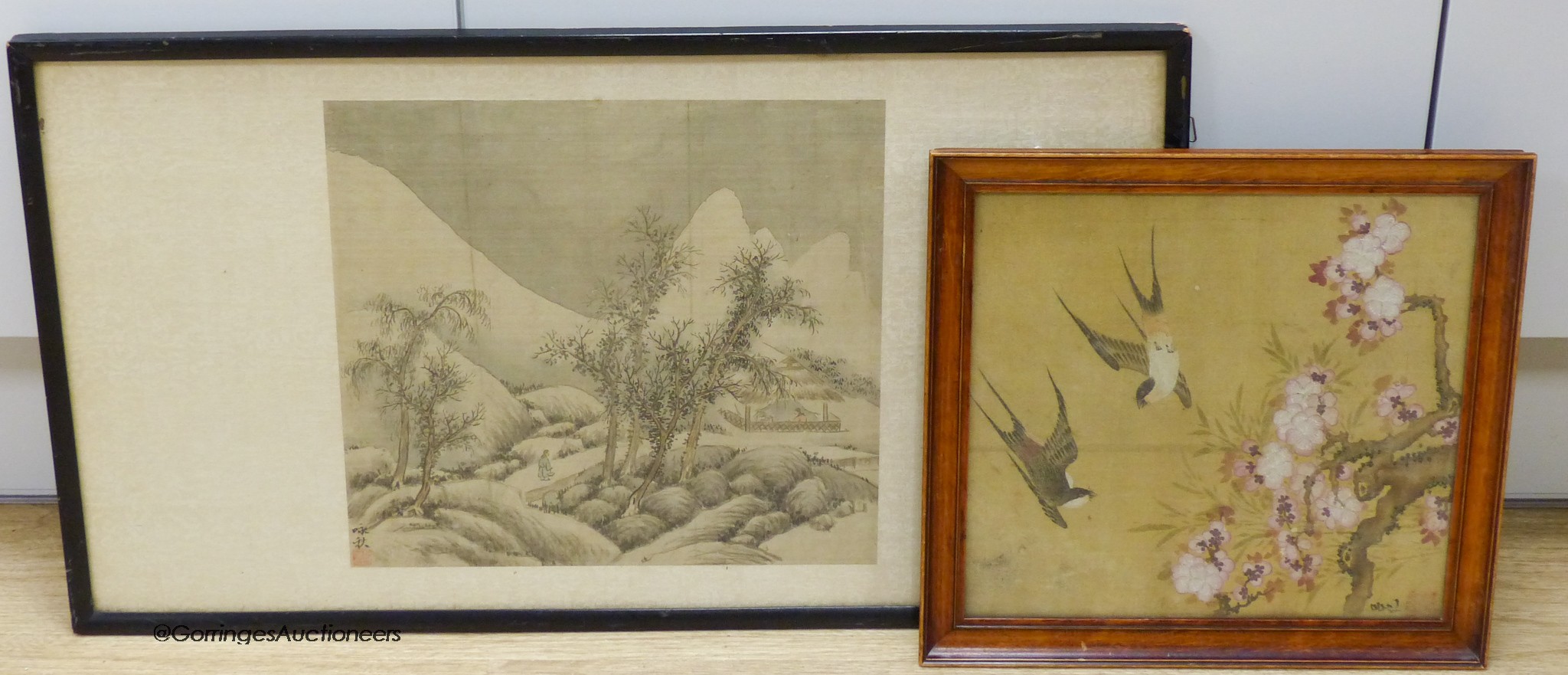 A late 19th century Chinese landscape painting on silk and another of birds amid prunus, largest 28 x 27cm